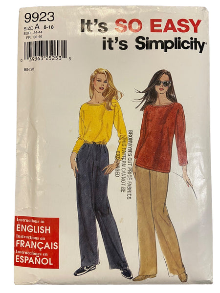 Simplicity 9923 2000s easy sewing pattern top and pants. Bust 31.5 - 40 inches