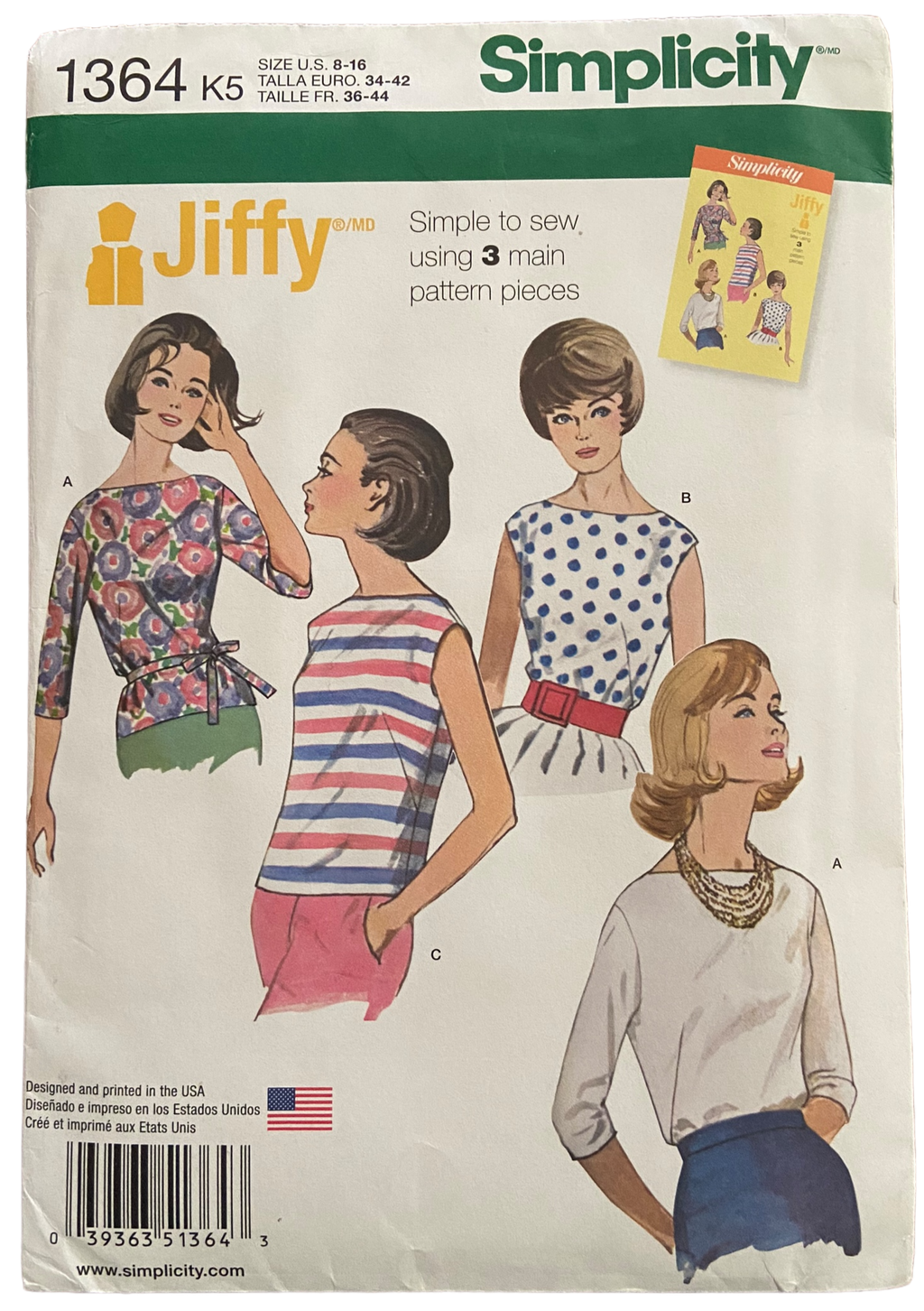 Simplicity 1364 reproduction 1960s blouse pattern. Bust 31.5, 32.5, 34, 36, 38 inches