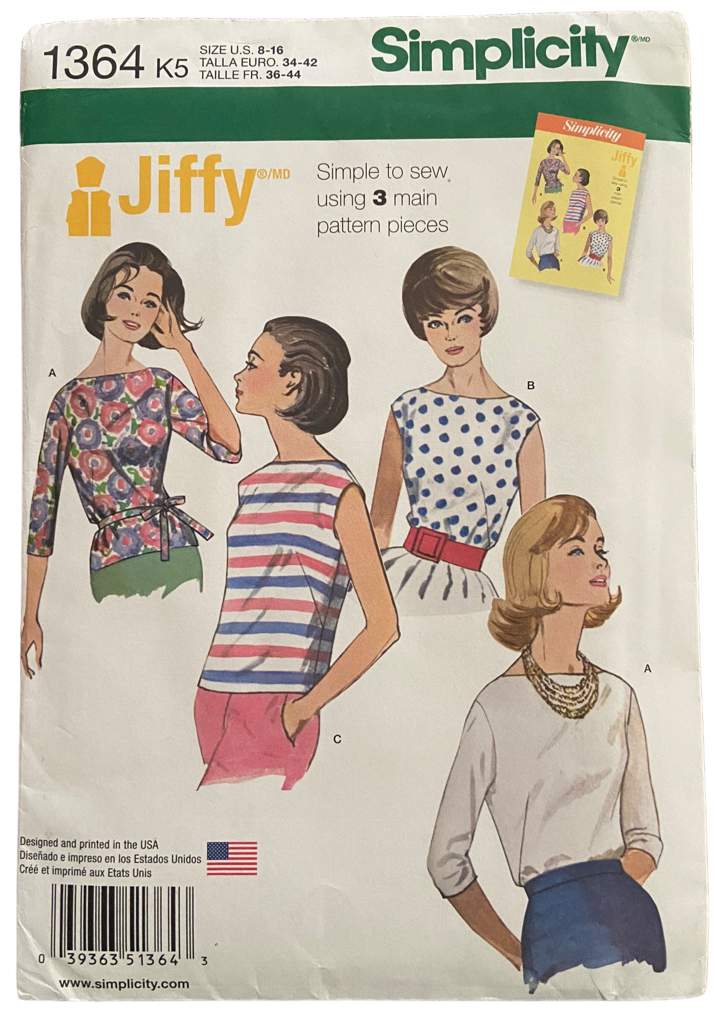 Simplicity 1364 reproduction 1960s blouse pattern. Bust 31.5, 32.5, 34, 36, 38 inches