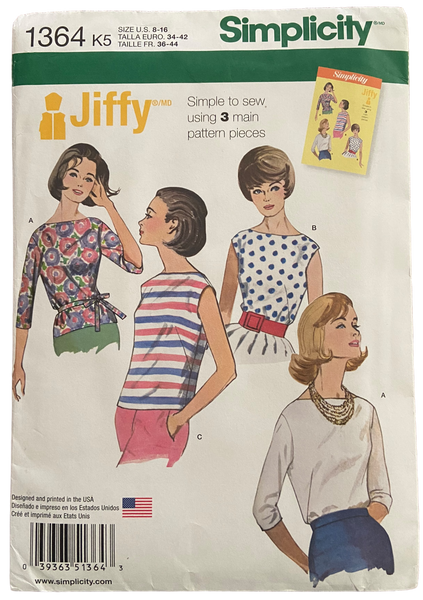 Simplicity 1364 reproduction 1960s blouse pattern. Bust 31.5, 32.5, 34, 36, 38 inches