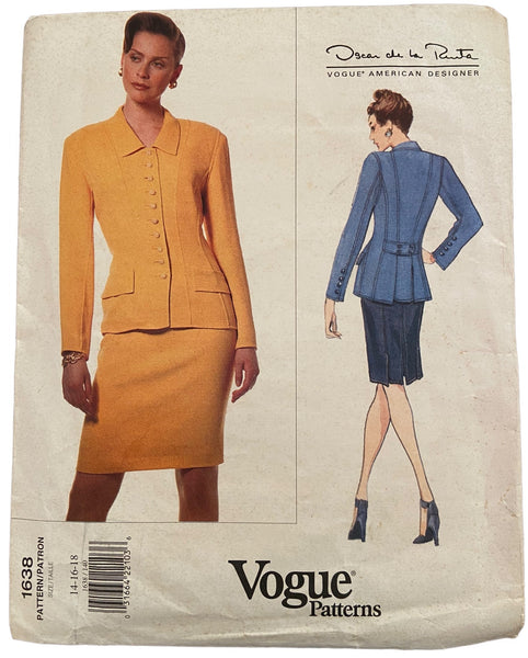 Vogue 1638 vintage 1990s American Designer Oscar de la Renta jacket and skirt sewing pattern. Bust 36, 38, 40