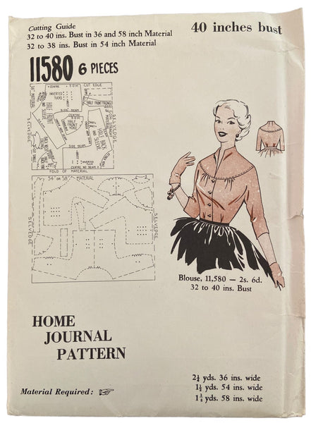Home Journal 11580 vintage 1950s blouse UNPRINTED sewing pattern Bust 40 inches