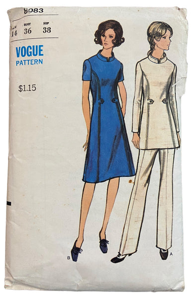 Vogue 8083 vintage 1960s dress, tunic and pants sewing pattern. Bust 36 inches