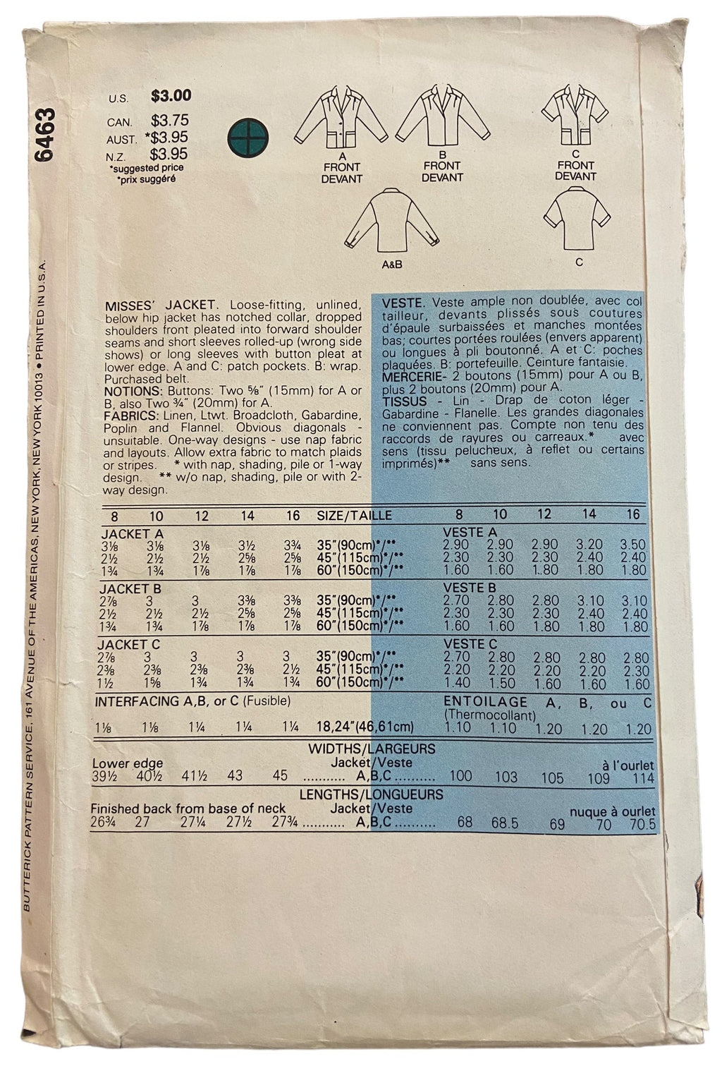 Butterick 6463 vintage 1980s jacket pattern. Bust 36 inches