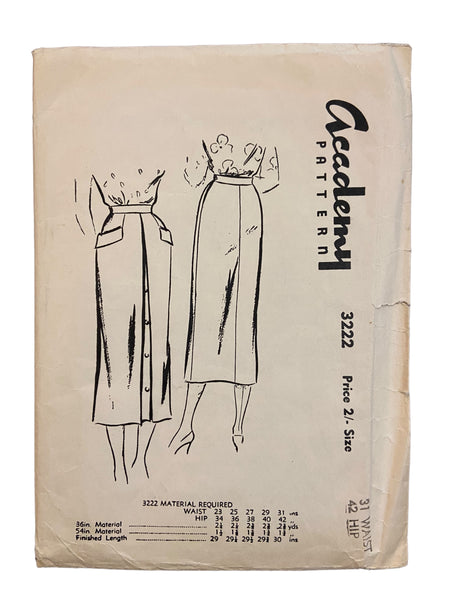 Academy 3222 vintage 1950s skirt sewing pattern. Waist 31 inches
