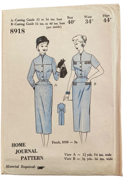 Home Journal 8918 vintage 1940s or 1950s dress UNPRINTED sewing pattern Bust 40 inches