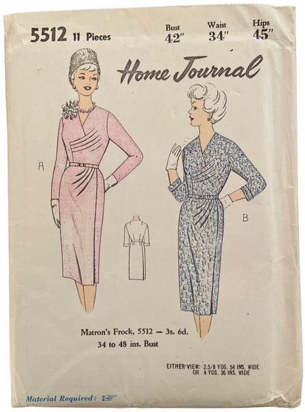 Home Journal 5512 vintage 1950s dress UNPRINTED sewing pattern Bust 42 inches