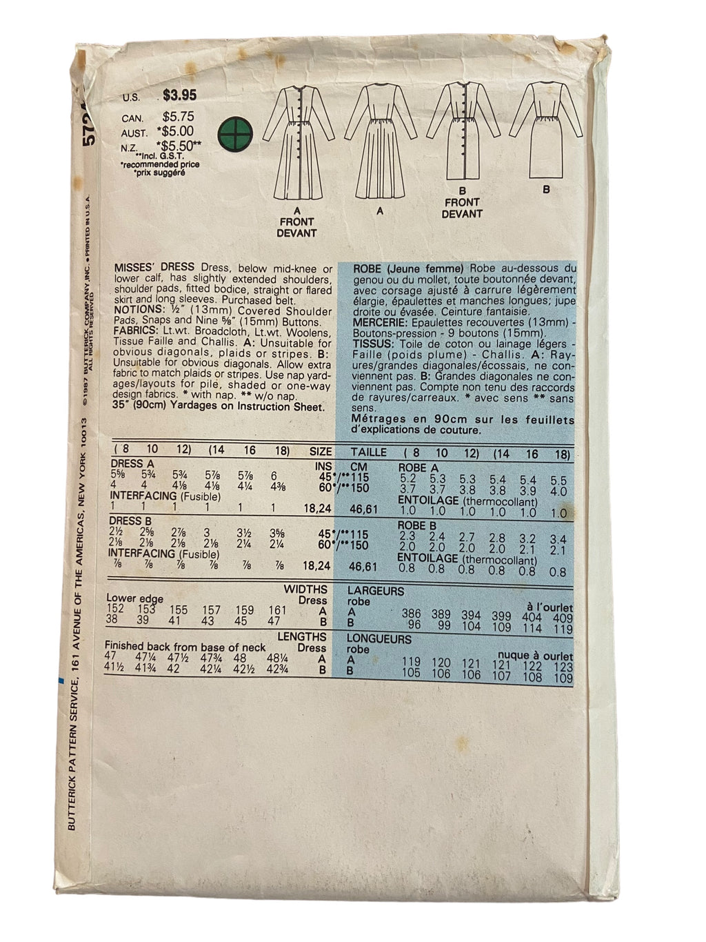 Butterick 5724 Vintage 1980s dress pattern Bust 31.5, 32.5, 34 inches