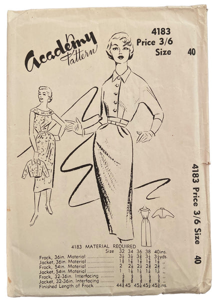 Academy 4183 vintage 1950s UNPRINTED dress and jacket sewing pattern Bust 40 inches