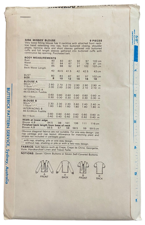 Butterick 3294 vintage 1990s blouse sewing pattern. Bust 34 inches