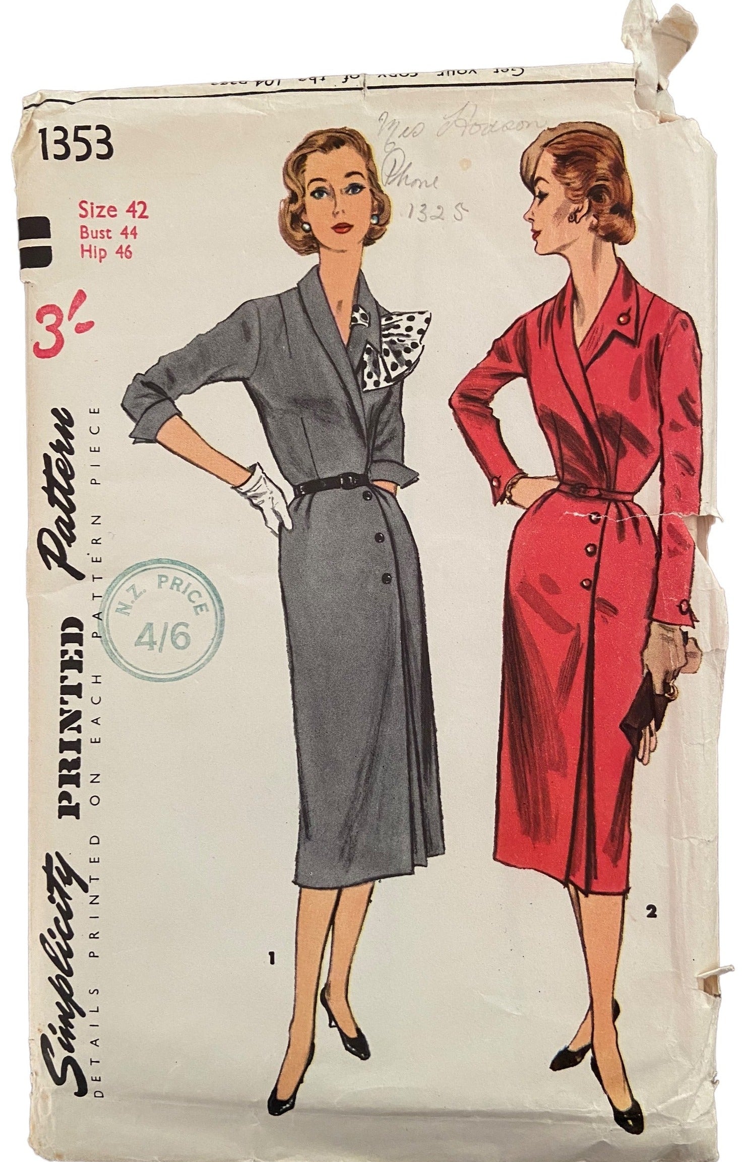 Simplicity 1353 vintage 1950s dress sewing pattern Bust 42 inches