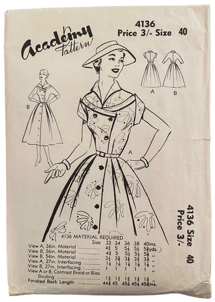 Academy 4136 vintage 1950s UNPRINTED dress sewing pattern Bust 40 inches