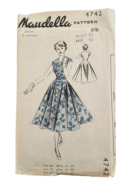Maudella 4742 vintage 1950s dress UNPRINTED sewing pattern Bust 40 inches