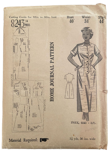 Home Journal 8243 vintage 1940s or 1950s dress UNPRINTED sewing pattern Bust 40 inches