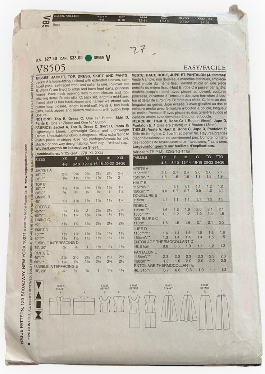 Vogue v8505 jacket, top, dress, skirt and pants sewing pattern from th ...