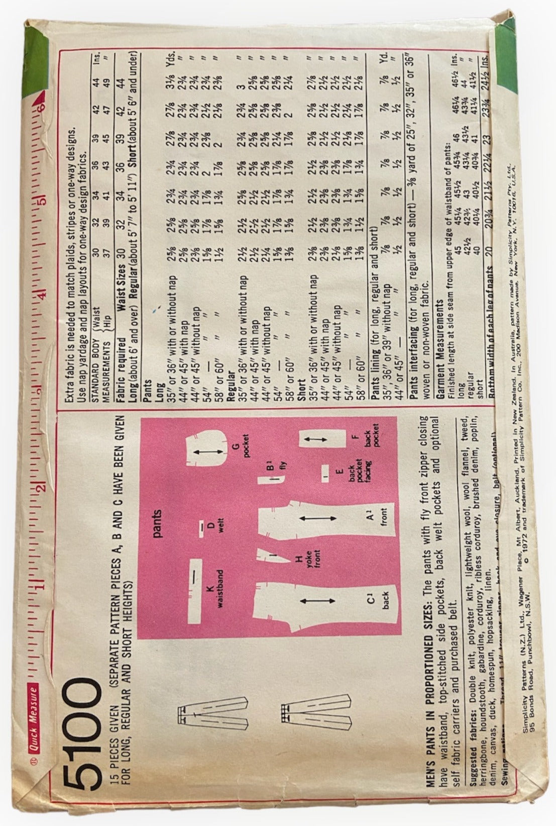 Simplicity 5100 vintage 1970s men's proportional fit pants sewing pattern. Waist 30 inches