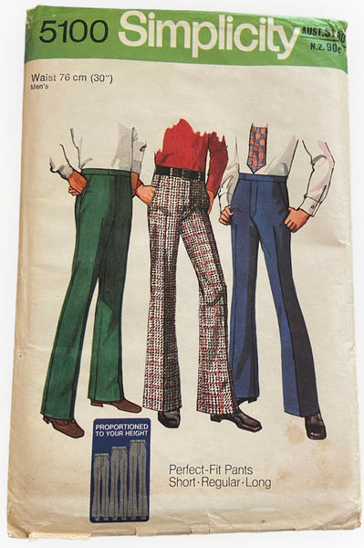 Simplicity 5100 vintage 1970s men's proportional fit pants sewing pattern. Waist 30 inches