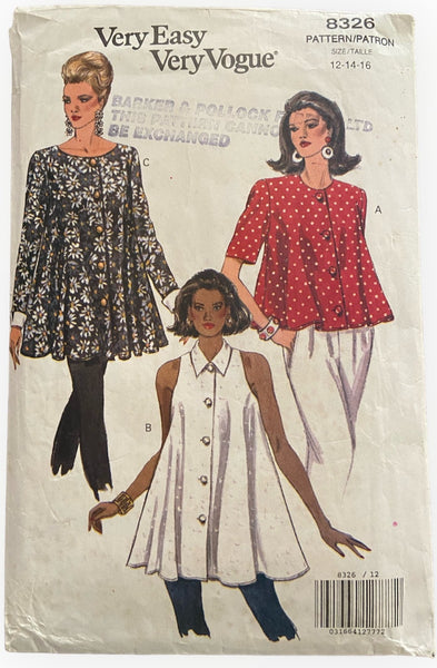 Vogue 8326 vintage 1990s top  sewing pattern. Bust 34, 36, 38 inches.