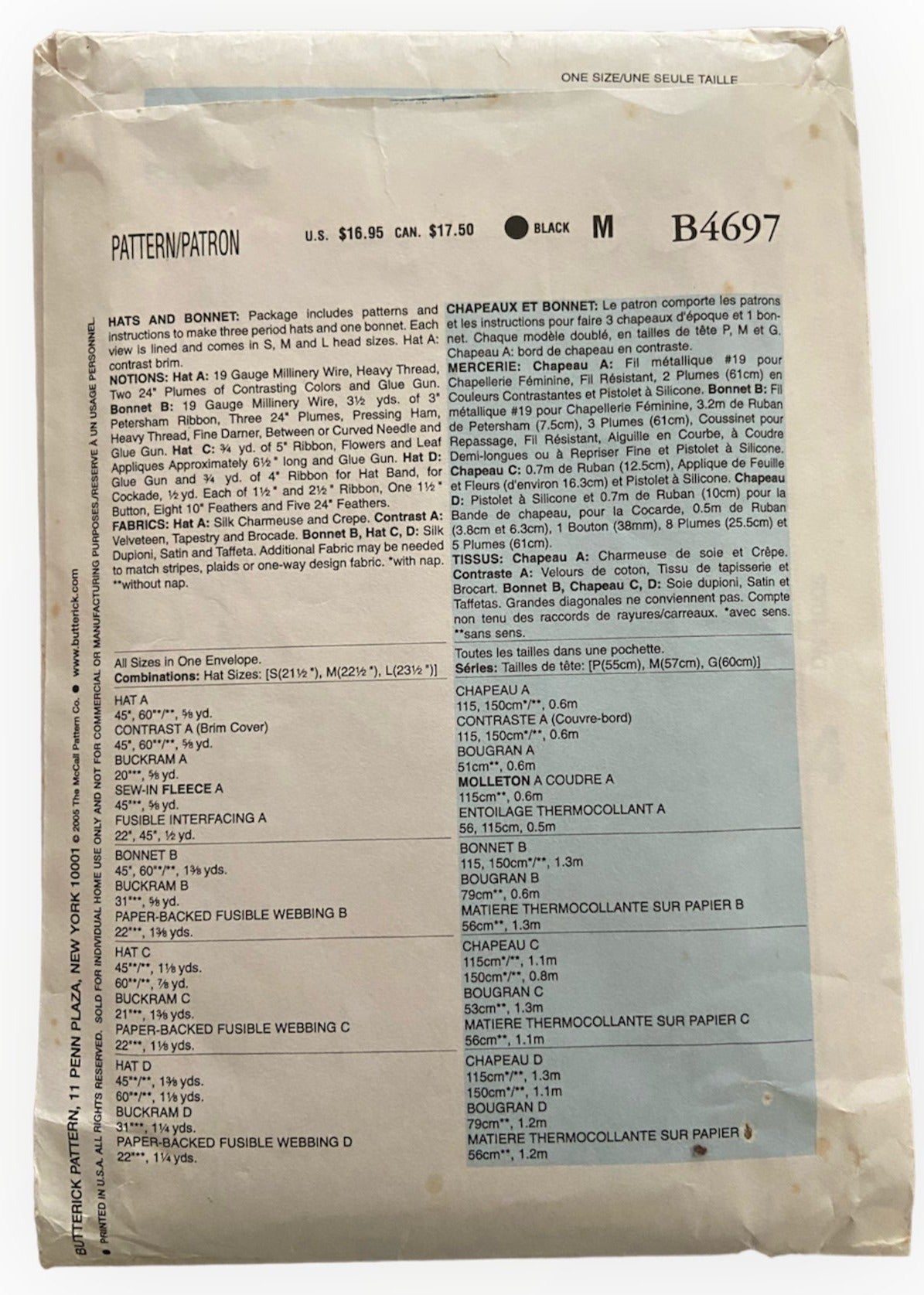 Butterick B4697 making history hats and bonnet sewing pattern