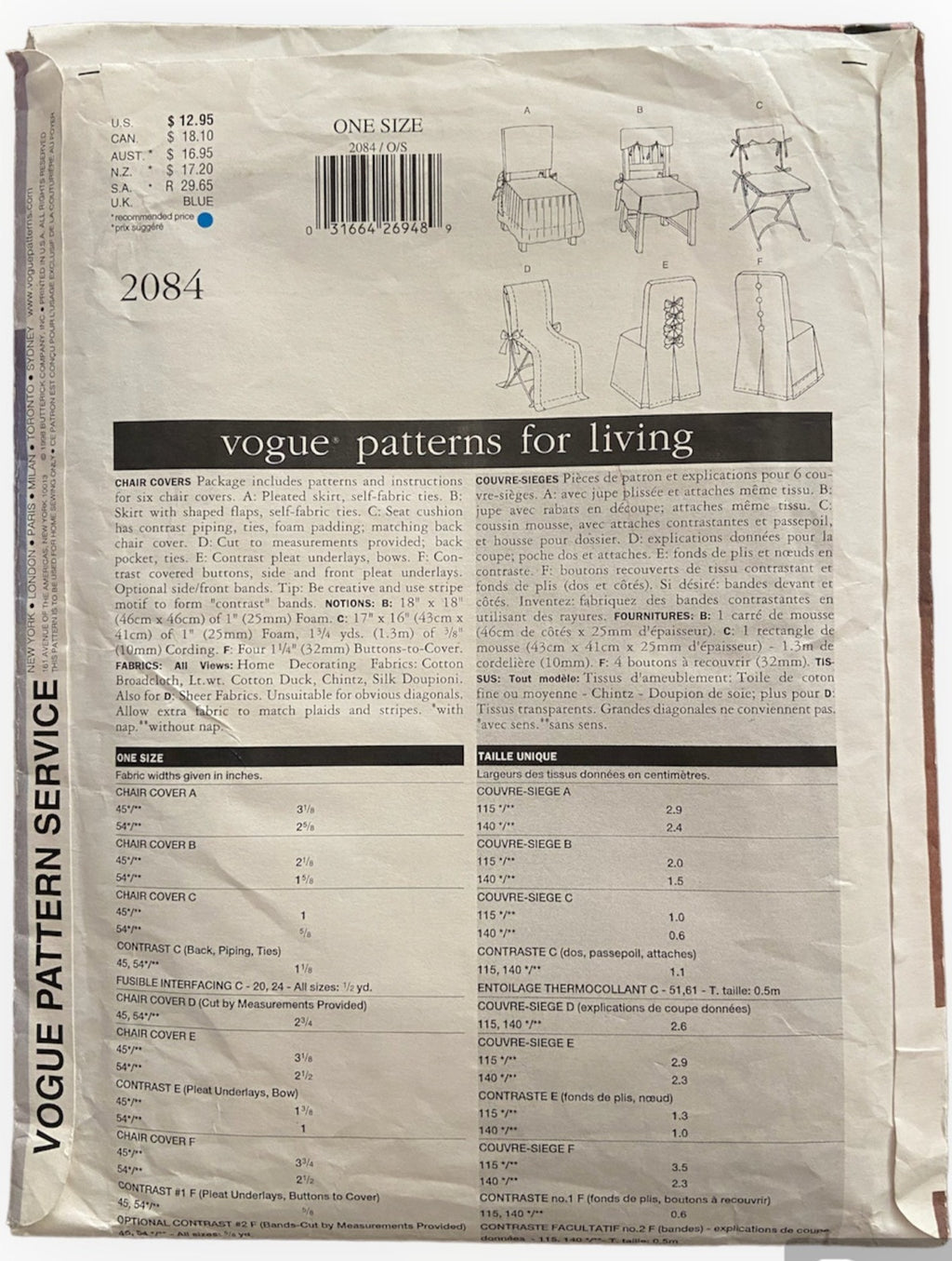 Vogue 2084 vintage 1990s Margot Hotchkiss chair covers sewing pattern.