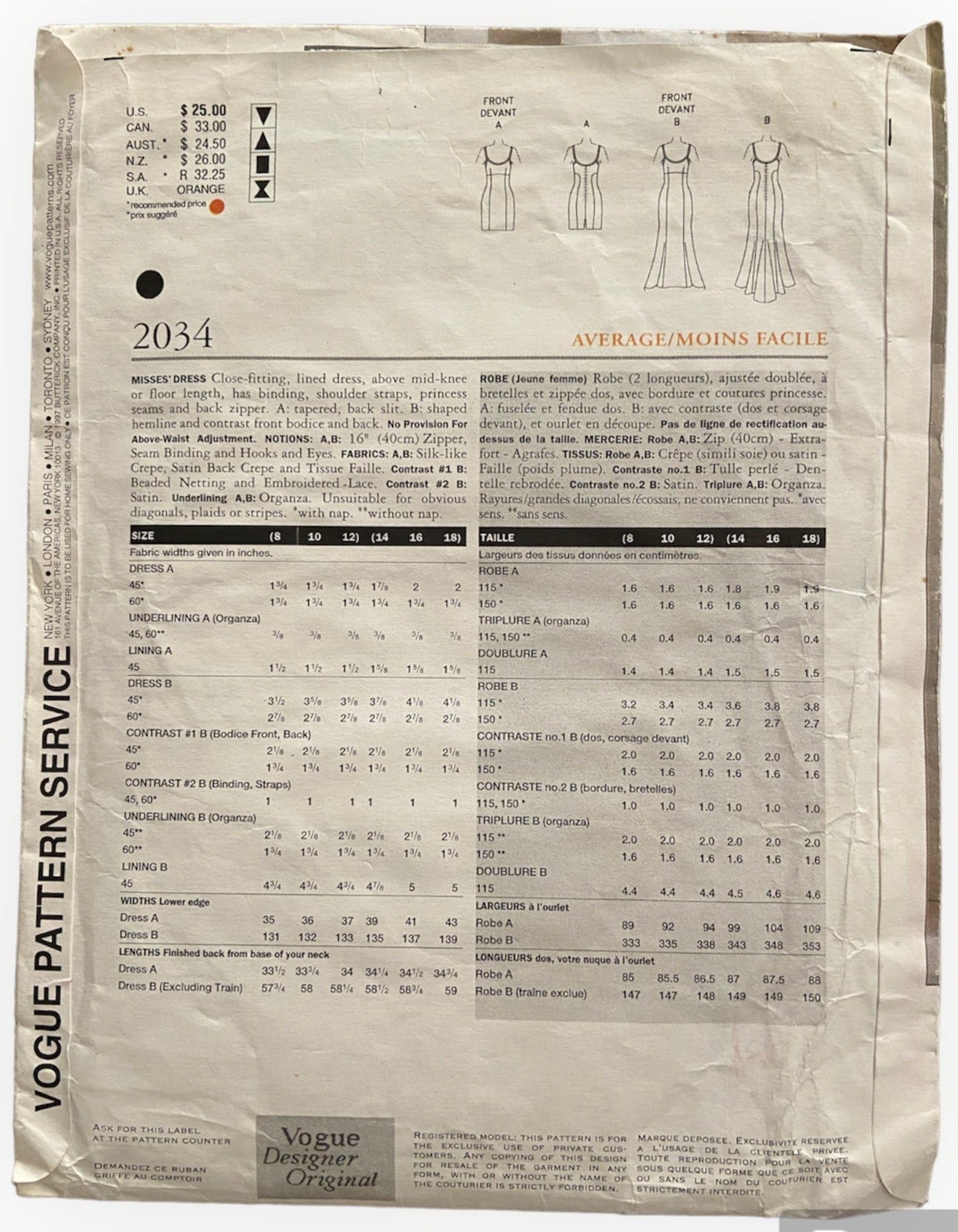 Vogue 2034 Vogue American Designer Bellville Sassoon vintage 1990s dress sewing pattern Bust 31.5, 32.5, 34 inches