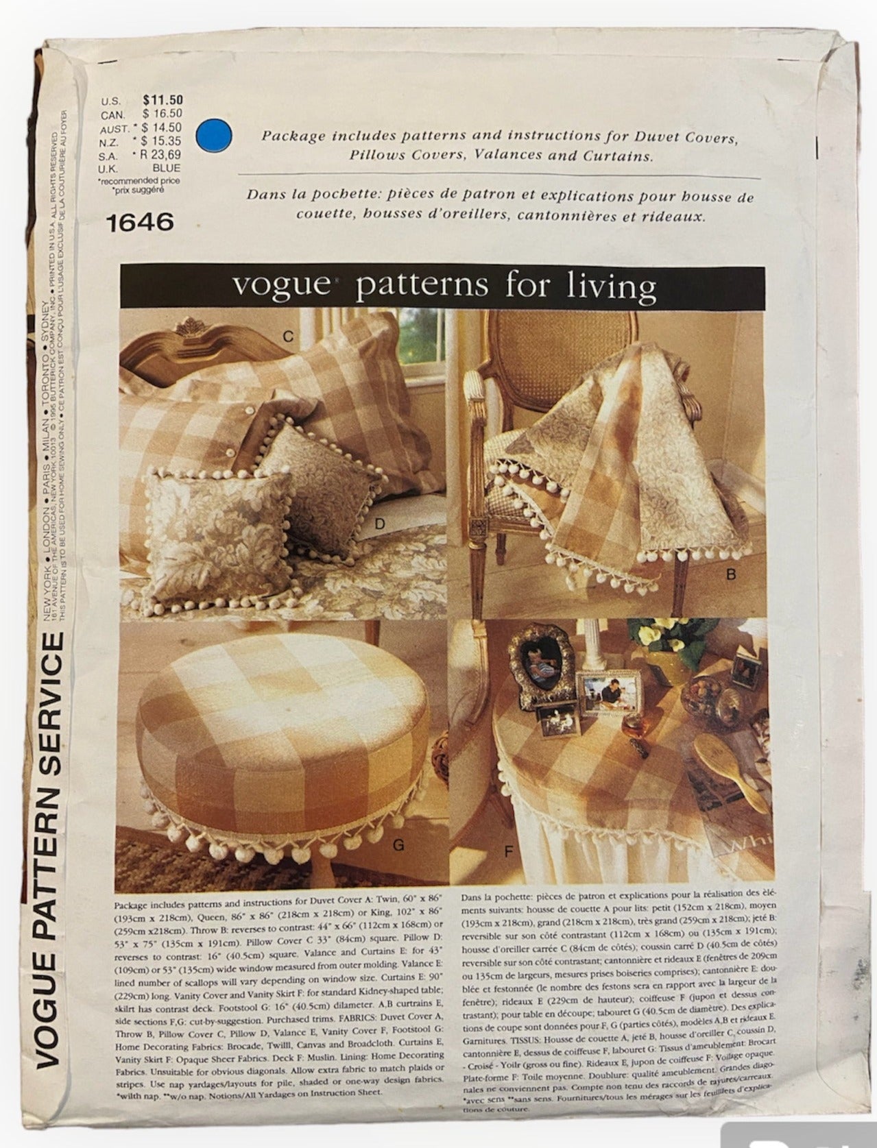 Vogue 1646 vintage 1990s Susanna Stratton-Norris Duvet covers, pillows covers, valances and curtains sewing pattern.