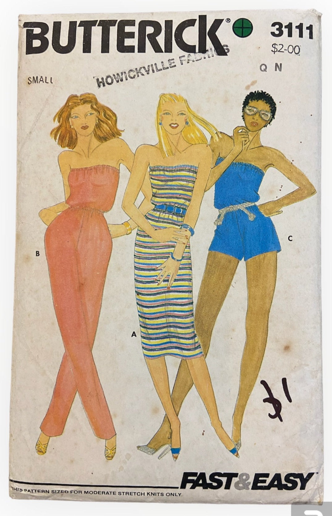 Butterick 3111 vintage 1980s jumpsuit sewing pattern. Bust 31.5, 32.5 inches