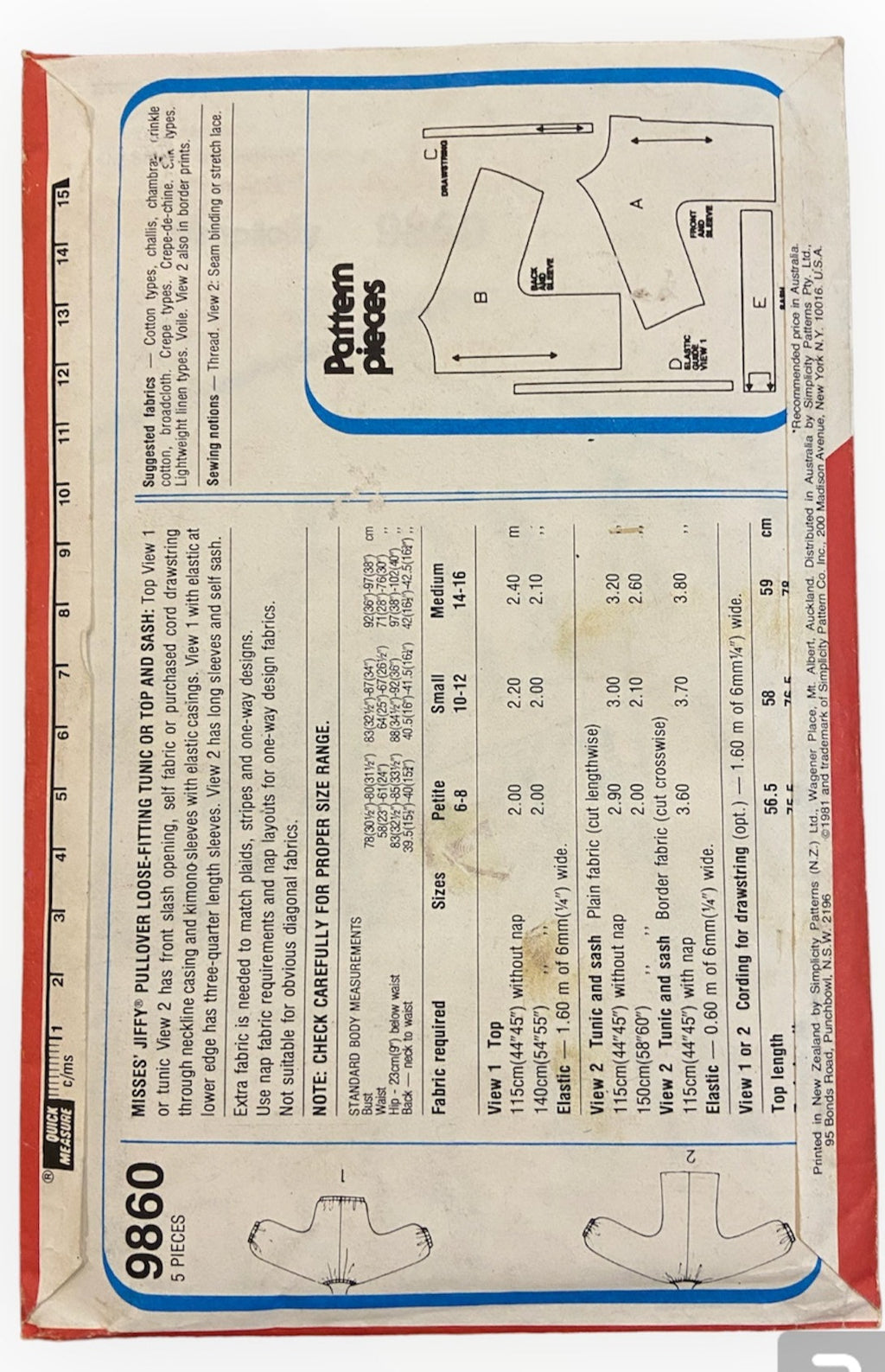 Simplicity 9860 Vintage 1980s top pattern. Bust 32.5 - 34 inches