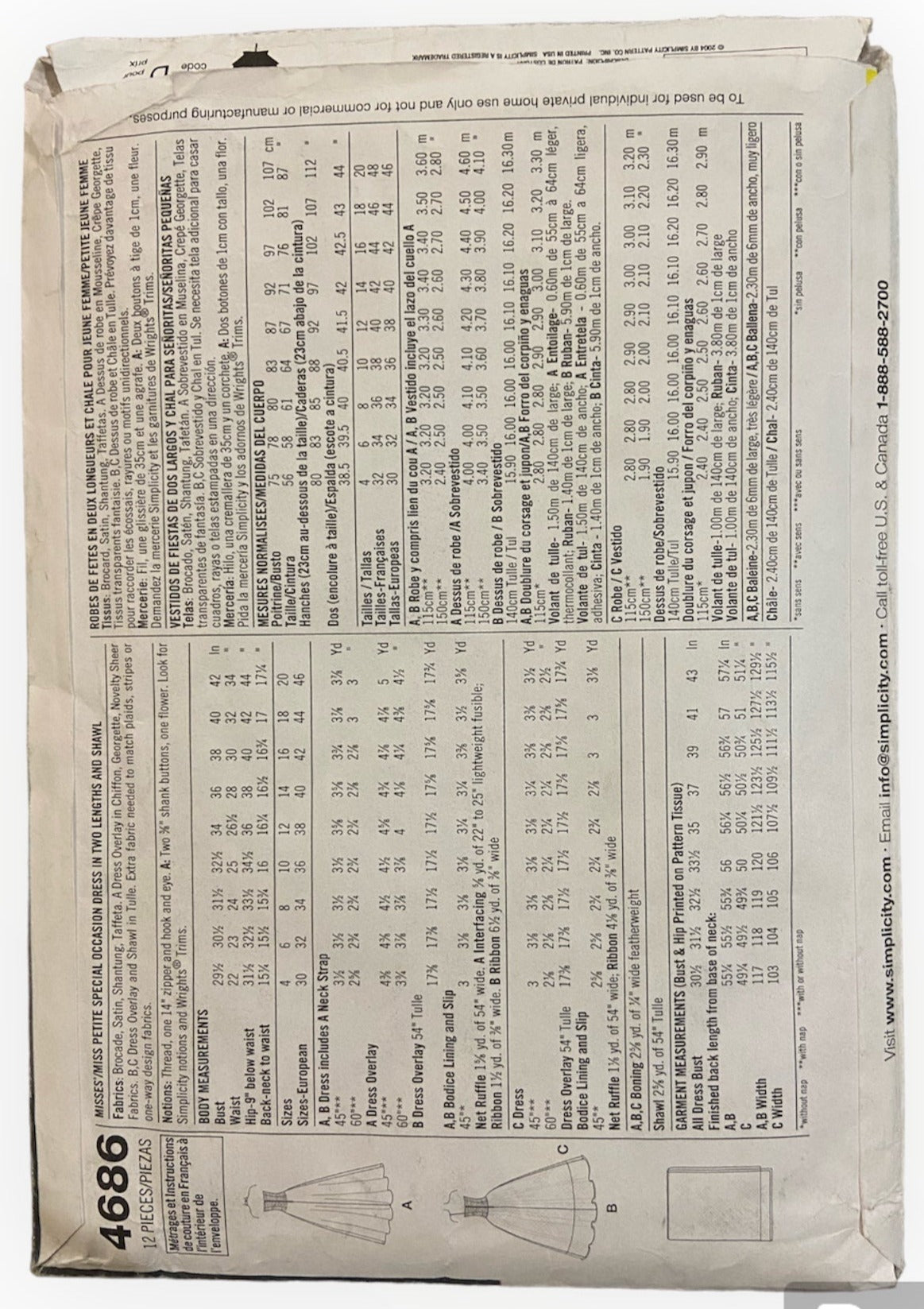 McCall's 4686 vintage 2000s Jessica McClintock special occasion dress sewing pattern Bust DD 29.5, 30.5, 31.5, 32.5 inches