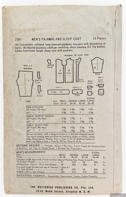 Butterick 2306 vintage 1960s men's pajamas and sleep coat sewing pattern. Chest 38 - 40 inches