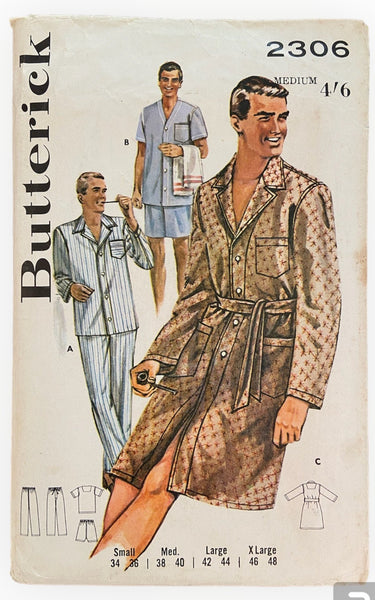 Butterick 2306 vintage 1960s men's pajamas and sleep coat sewing pattern. Chest 38 - 40 inches