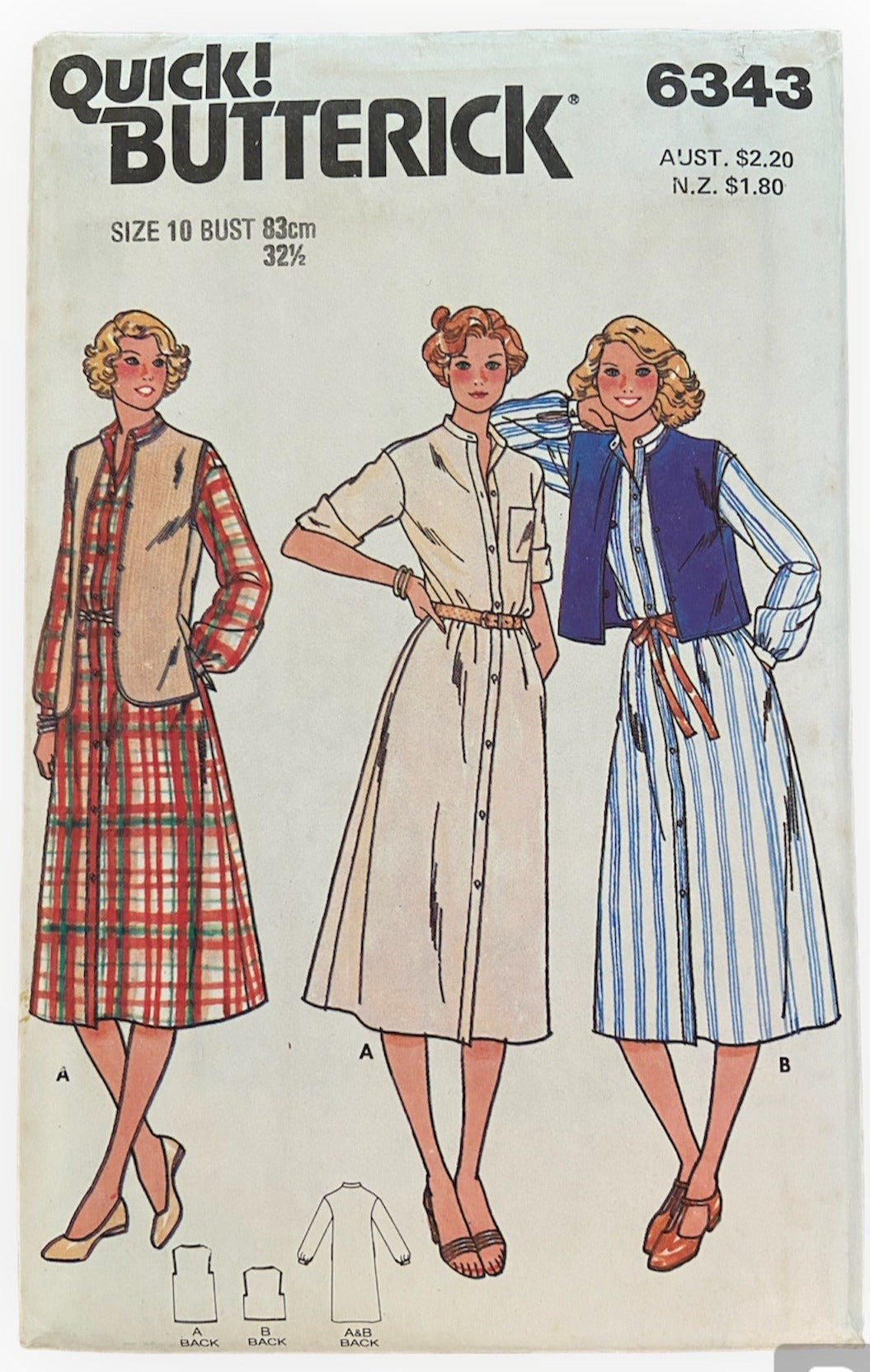 Butterick 6343 vintage 1970s dress and vest sewing pattern. Bust 32.5 inches