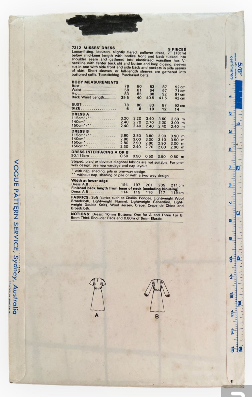 Vogue 7312 vintage 1970s dress sewing pattern. Bust 31.5 cm