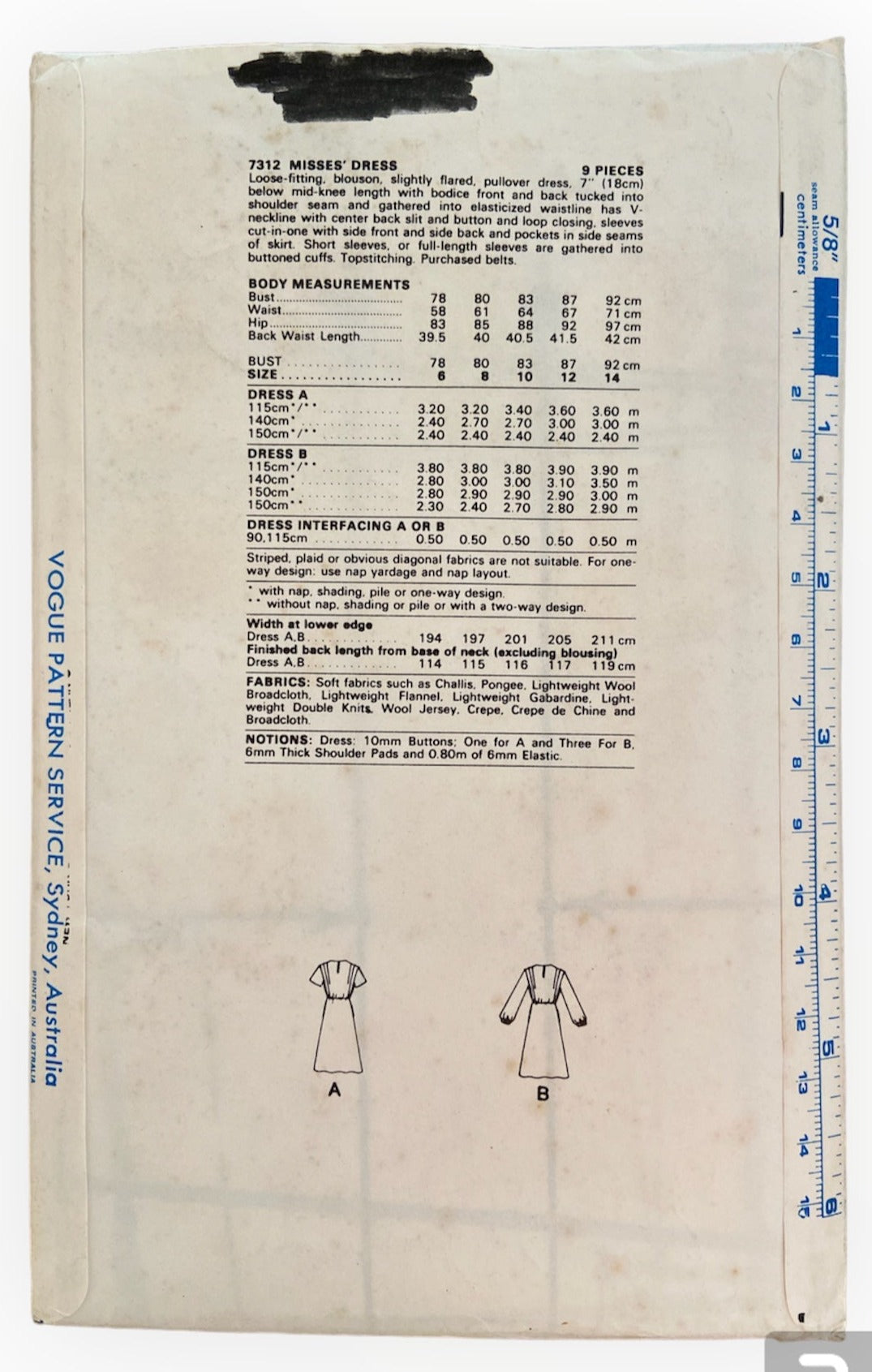 Vogue 7312 vintage 1970s dress sewing pattern. Bust 31.5 cm