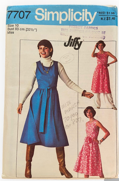 Simplicity 7707 vintage 1970s wrap dress or jumper and pants sewing pattern. Bust 32.5 inches