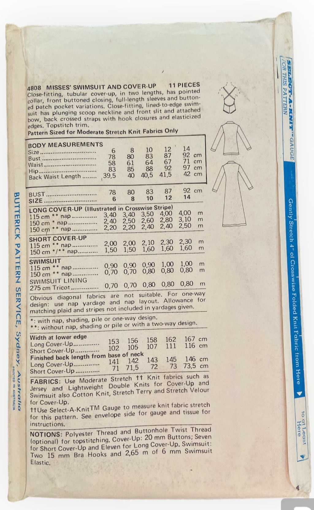Butterick 4808 vintage 1970s John Kloss swimsuit and cover-up sewing pattern. Bust 32.5 inches