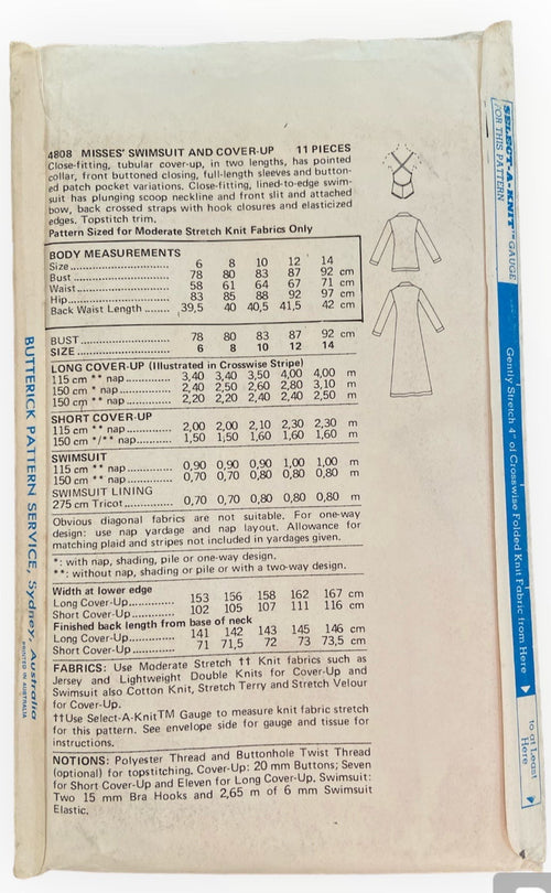 Butterick 4808 vintage 1970s John Kloss swimsuit and cover-up sewing pattern. Bust 32.5 inches