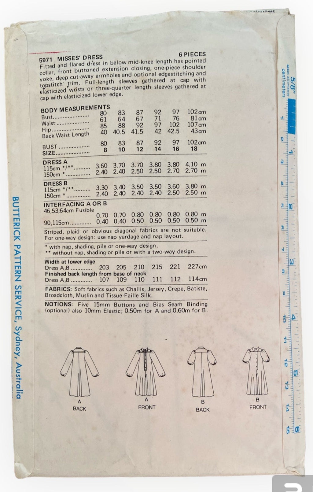 Butterick 5971 vintage 1970s dress sewing pattern. Bust 34 inches
