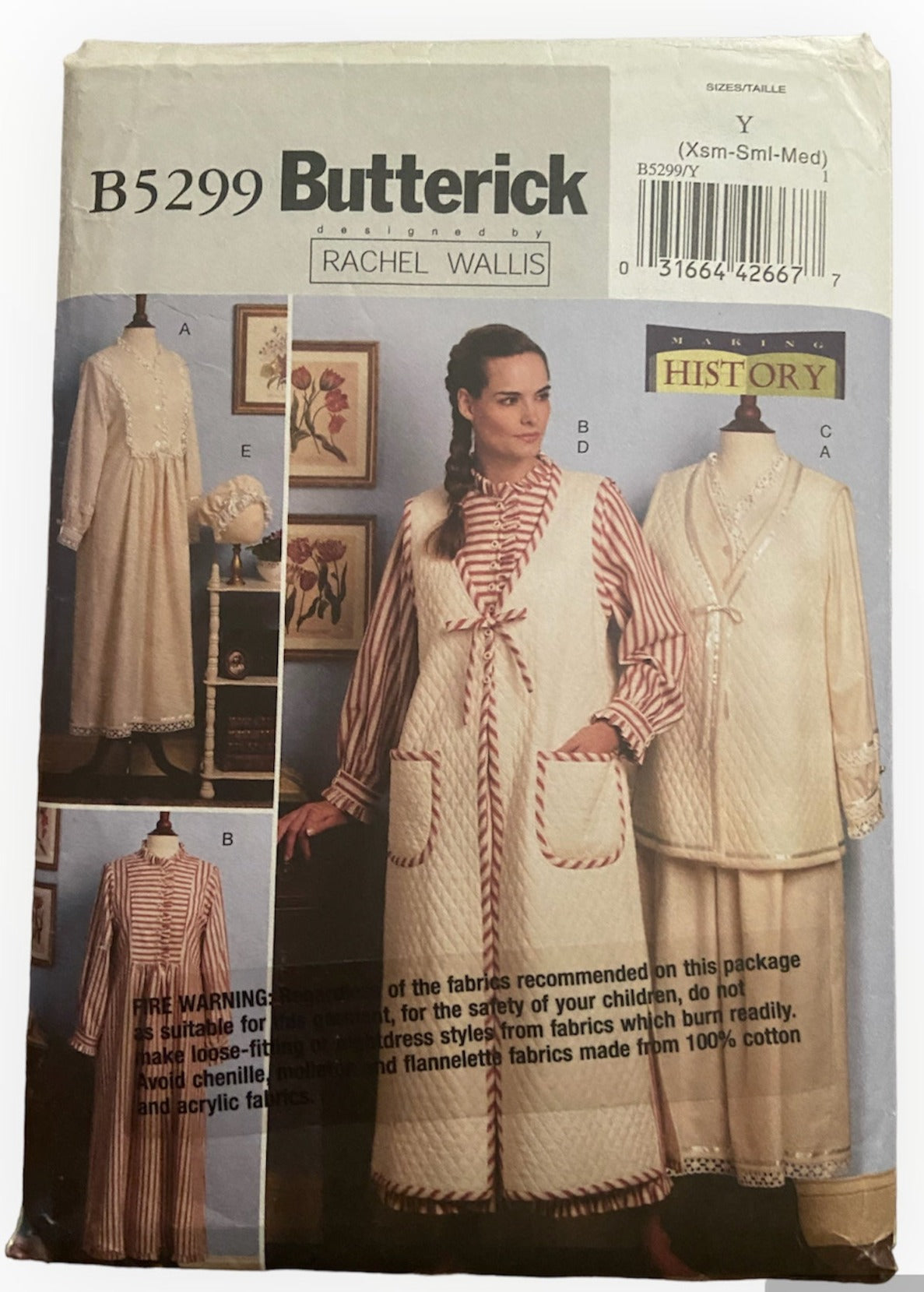 Butterick B5299 Making history designed by Rachel Wallis nightgown, vest, robe and bonnet sewing pattern. Bust 29.5, 30.5, 31.5, 32.5, 34, 36 inches