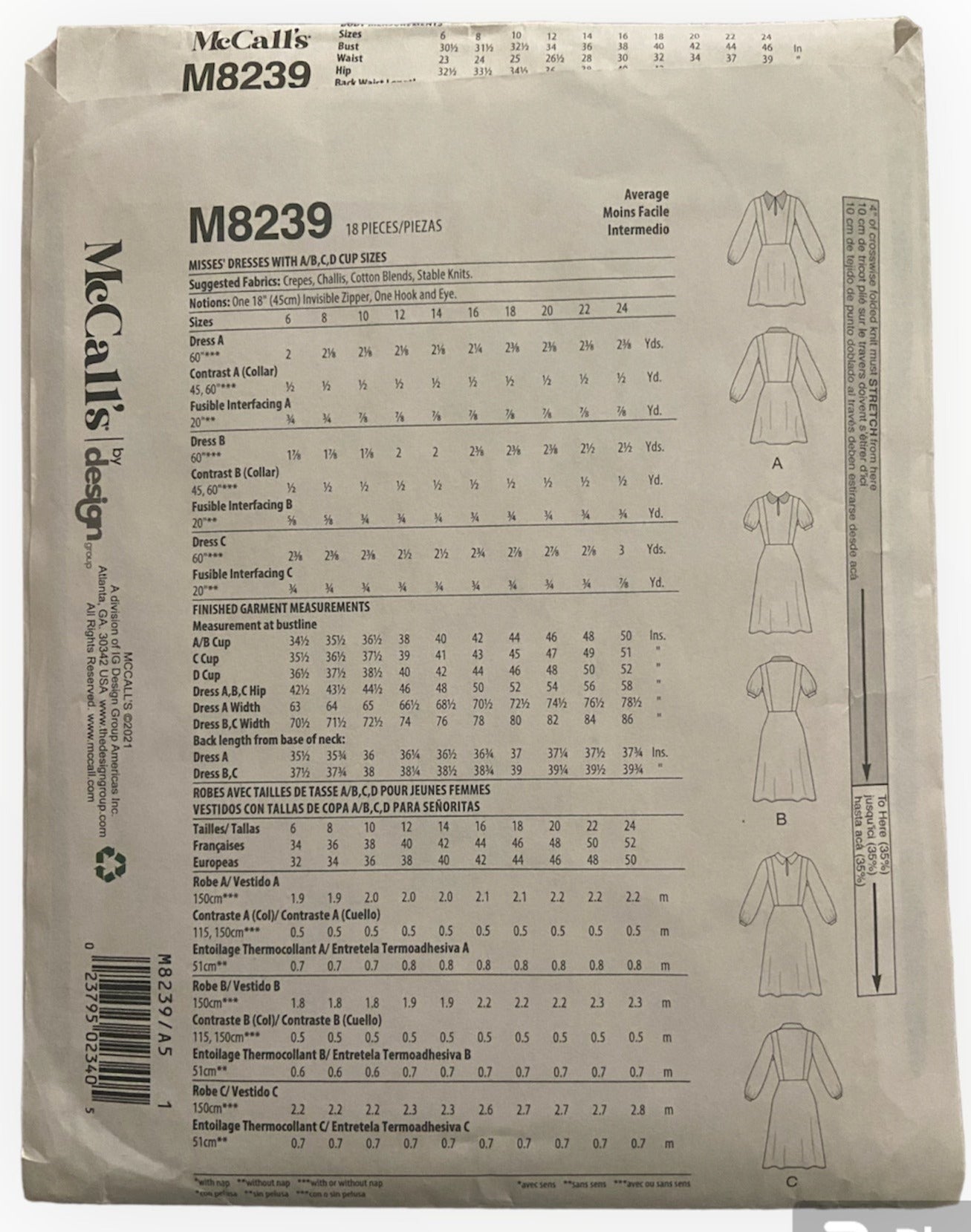 McCall's dress sewing pattern. Bust 30.5, 31.5, 32.5, 34, 36 inches