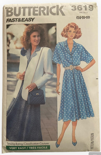 Butterick 3619 vintage 1980s dress sewing pattern. Bust 36, 38, 40 inches