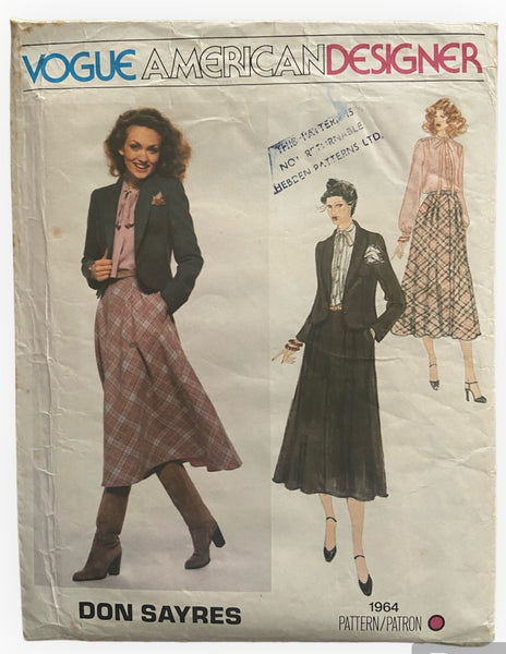 Vogue 1964 vintage 1970s Vogue American Designer Don Sayres blouse, skirt and jacket sewing pattern. Bust 34 inches