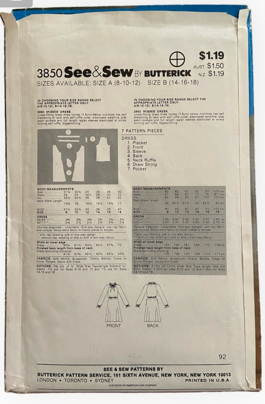 Butterick 3850 Vintage 1990s Eileen West dress sewing  pattern. Bust 30.5, 31.5, 32.5, 34 inches