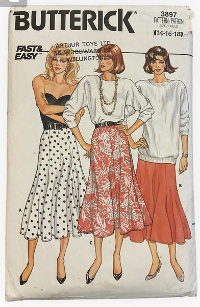 Butterick 3897 vintage 1980s skirts pattern. Waist 28, 30, 32 inches