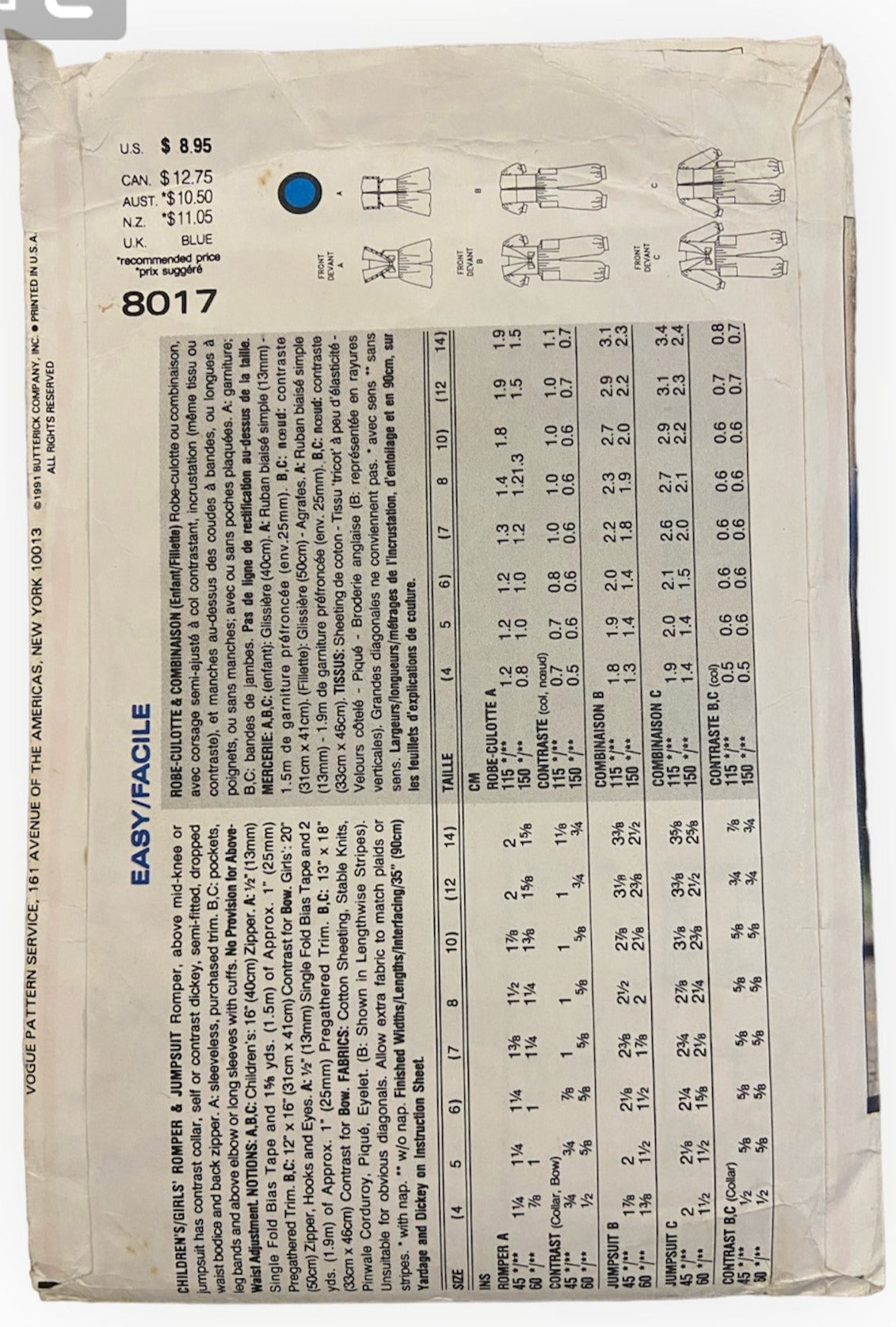 Vogue 8017 little vogue vintage 1980s child's romper and jumpsuit sewing pattern. Size 7-8-10