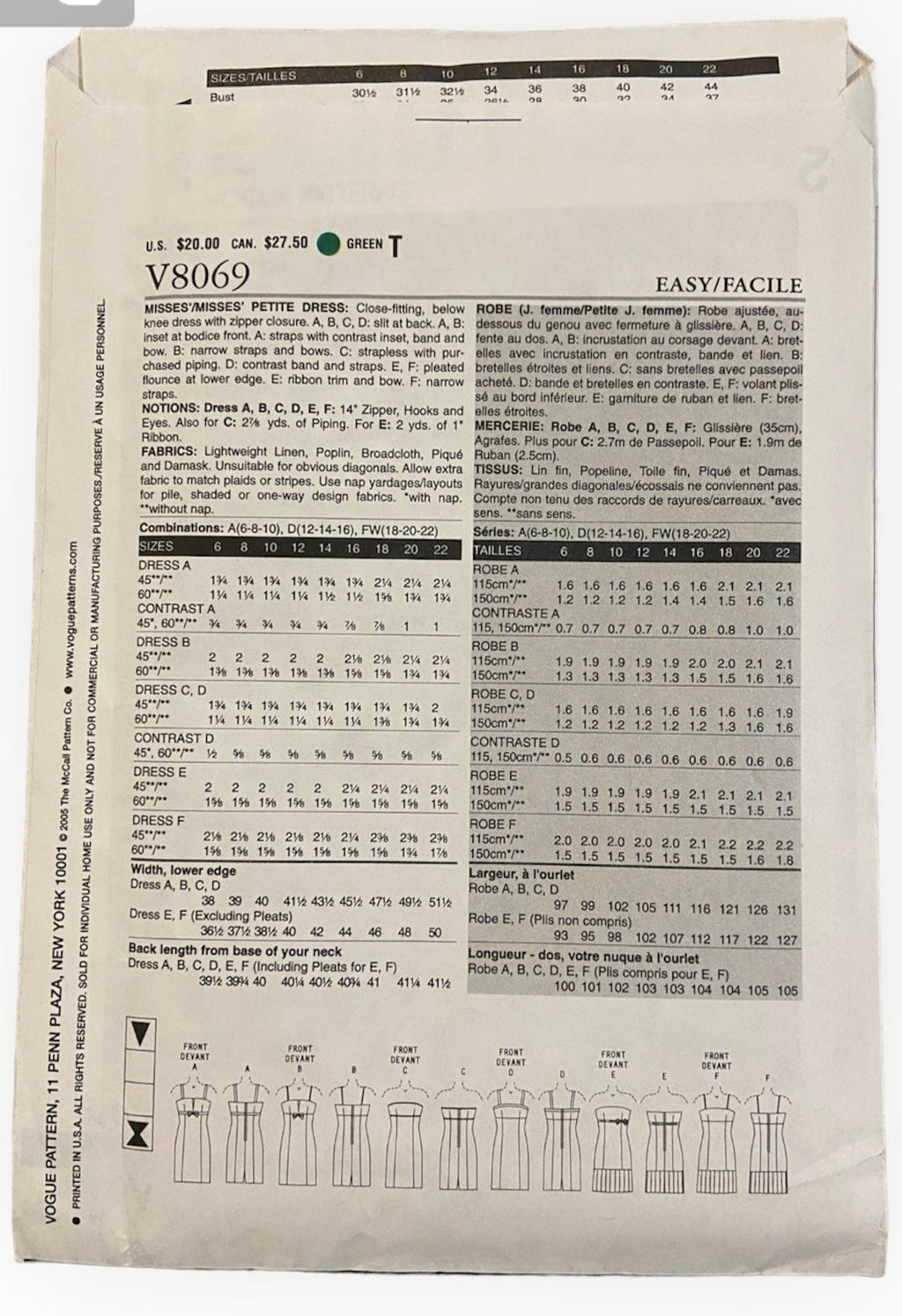 Vogue v8069 Easy Options dress sewing pattern from the 2000s Bust 30.5, 31.5, 32.5 inches