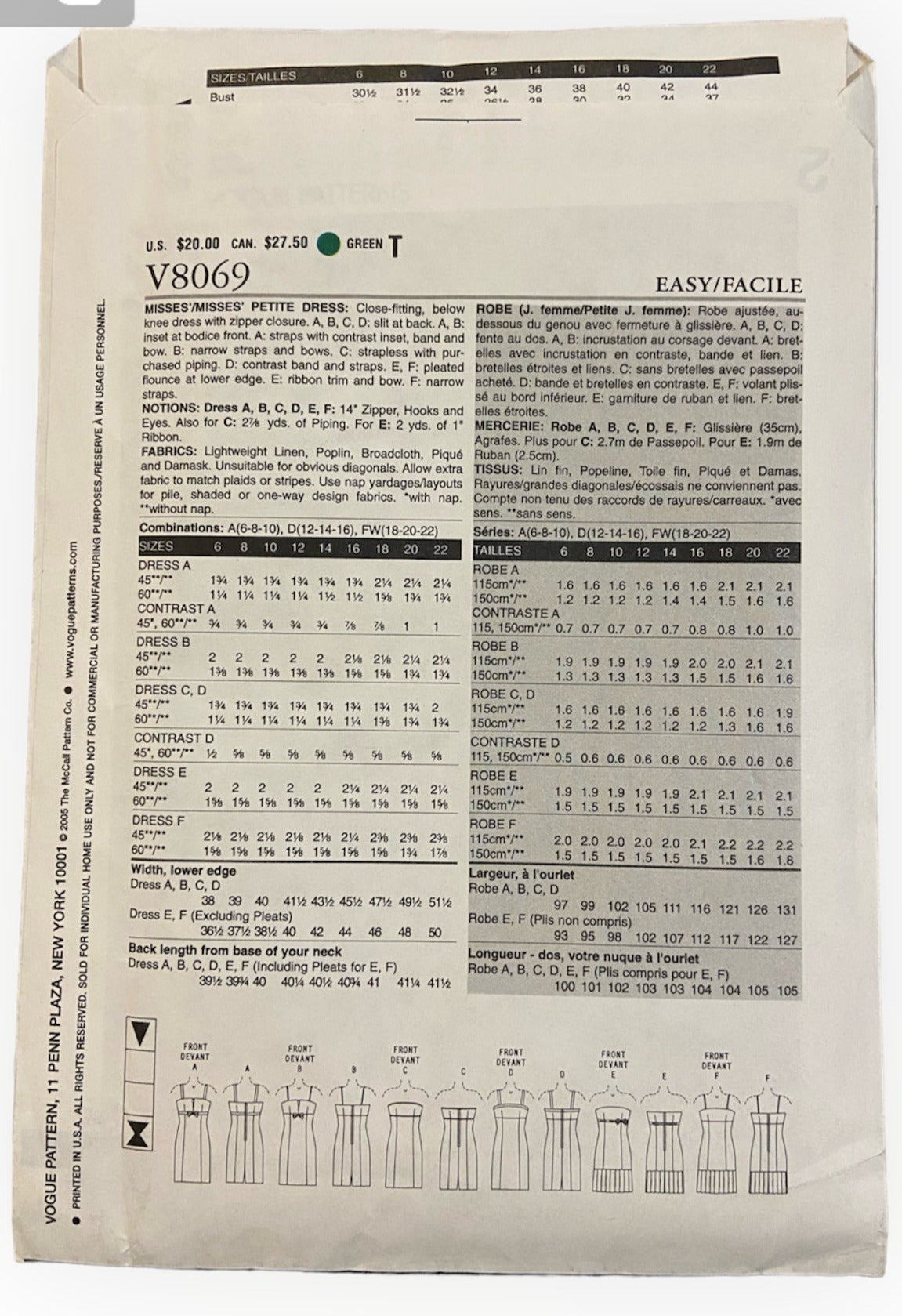 Vogue v8069 Easy Options dress sewing pattern from the 2000s Bust 30.5, 31.5, 32.5 inches