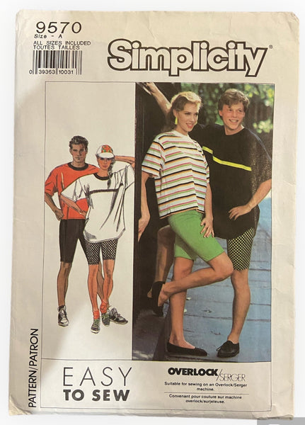Simplicity 9570 vintage 1990sunisex  top and bicycle shorts sewing pattern. Bust/Chest 30-48 inches