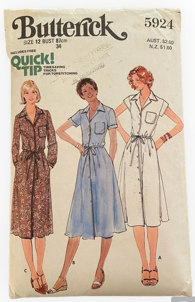 Butterick 5924 vintage 1970s dress pattern. Bust 34 inches