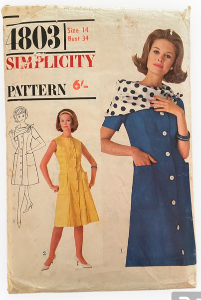 Simplicity 4803 vintage 1960s dress pattern. Bust 34 inches